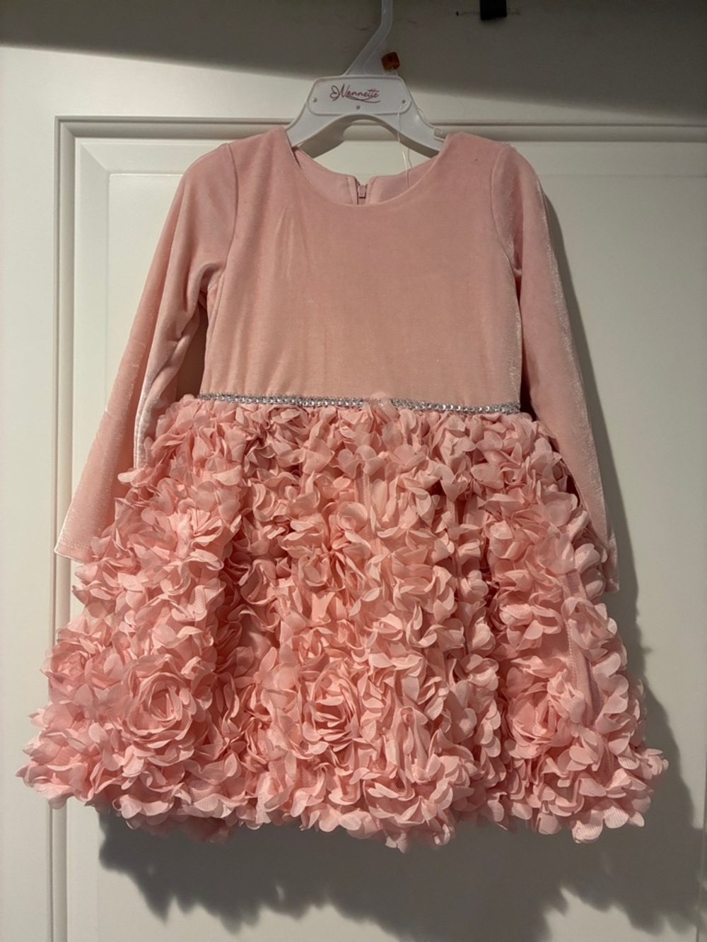 NWT Designer dress- Blush Pink Velvet  top, silver band, flowery skirt - wedding
